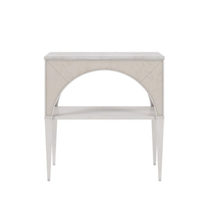 A.R.T. Furniture Mezzanine Night Table In Dove Gray - Elegant Arched Frame With Travertine Top & Antique Mirror Finish Light Gray Parawood And Poplar Solids,Maple Veneer,Mirror,Travertine 325141-2249