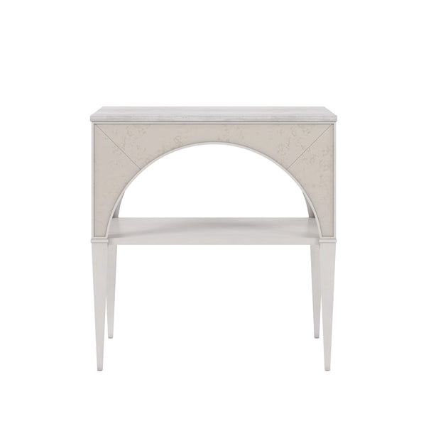 A.R.T. Furniture Mezzanine Night Table In Dove Gray - Elegant Arched Frame With Travertine Top & Antique Mirror Finish Light Gray Parawood And Poplar Solids,Maple Veneer,Mirror,Travertine 325141-2249