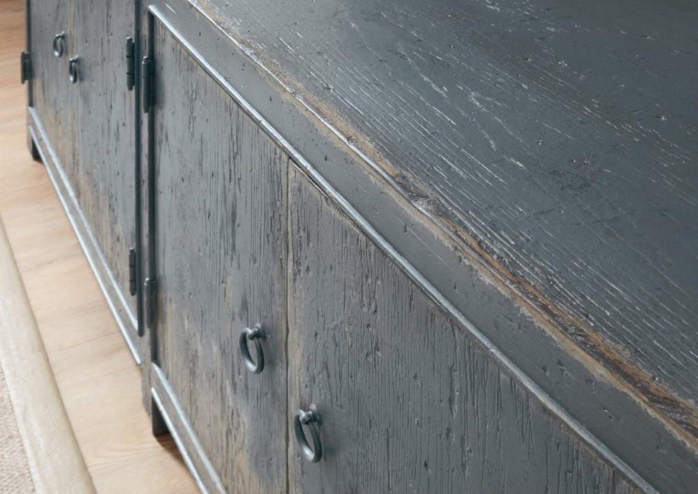 Hooker Furniture Boheme Salvator Media Console — Distressed Antique Blue Belgian-Inspired Tv Stand W/ Av Ready Storage And Painted Hardware 5750-55489-BLU