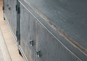 Hooker Furniture Boheme Salvator Media Console — Distressed Antique Blue Belgian-Inspired Tv Stand W/ Av Ready Storage And Painted Hardware 5750-55489-BLU