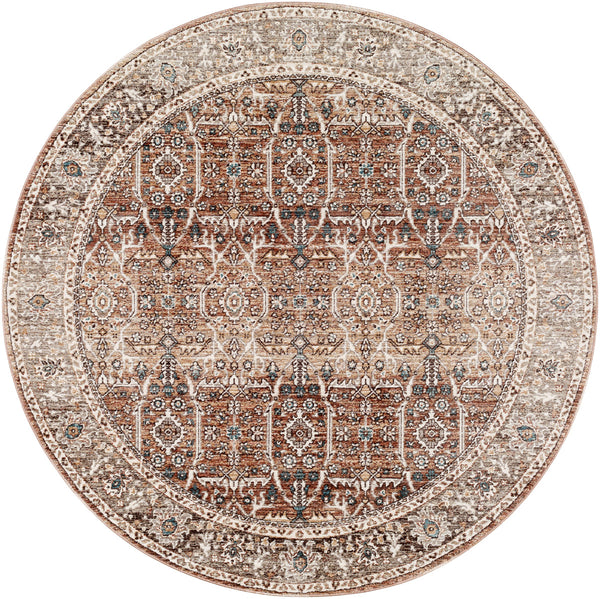 Carlisle CSI-2302 7'10" x 7'10" Round Machine Woven Rug CSI2302-710RD  Dusty Pink, Medium Brown, Light Gray, Pale Blue, Brown, Denim Surya