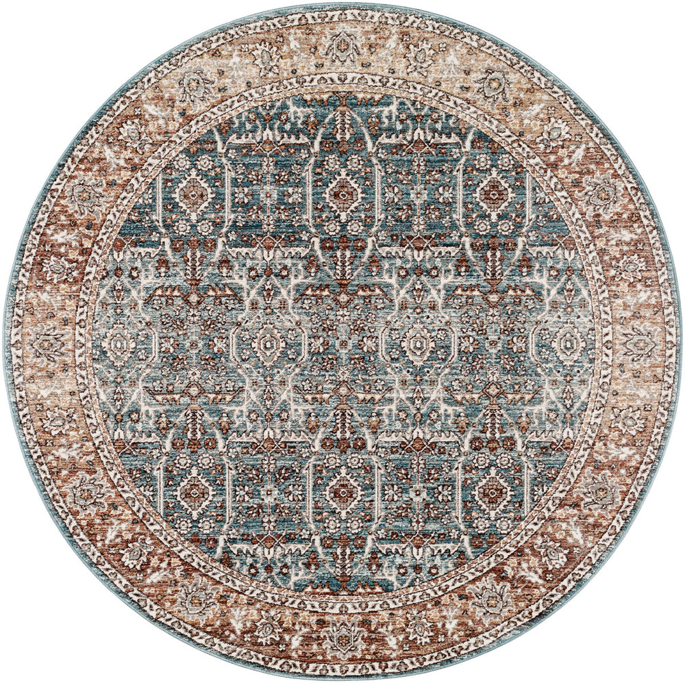 Carlisle CSI-2303 7'10" x 7'10" Round Machine Woven Rug CSI2303-710RD  Pale Blue, Dusty Pink, Medium Brown, Cream, Charcoal Surya