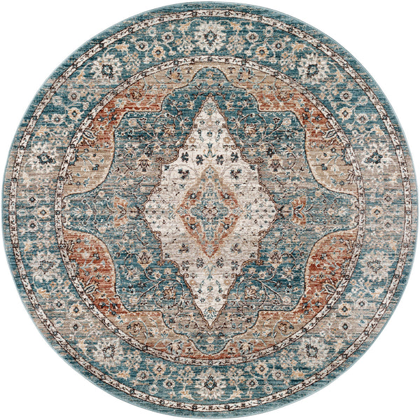 Carlisle CSI-2304 7'10" x 7'10" Round Machine Woven Rug CSI2304-710RD  Dark Blue, Pale Blue, Light Sage, Dusty Pink, Cream, Medium Brown Surya