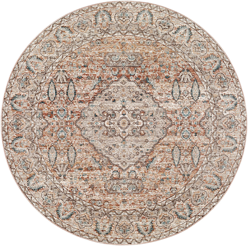 Carlisle CSI-2305 7'10" x 7'10" Round Machine Woven Rug CSI2305-710RD  Dusty Pink, Medium Brown, Cream, Pale Blue, Dark Blue, Light Sage Surya