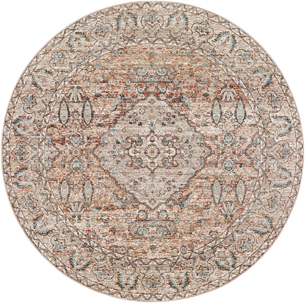 Carlisle CSI-2305 7'10" x 7'10" Round Machine Woven Rug CSI2305-710RD  Dusty Pink, Medium Brown, Cream, Pale Blue, Dark Blue, Light Sage Surya