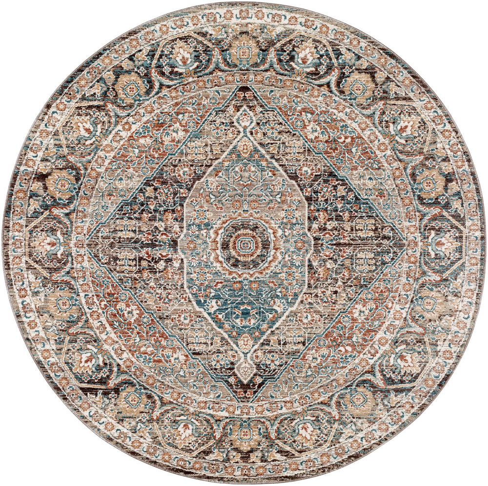 Carlisle CSI-2307 7'10" x 7'10" Round Machine Woven Rug CSI2307-710RD  Dusty Pink, Sage, Denim, Medium Brown, Dark Brown, Light Sage Surya