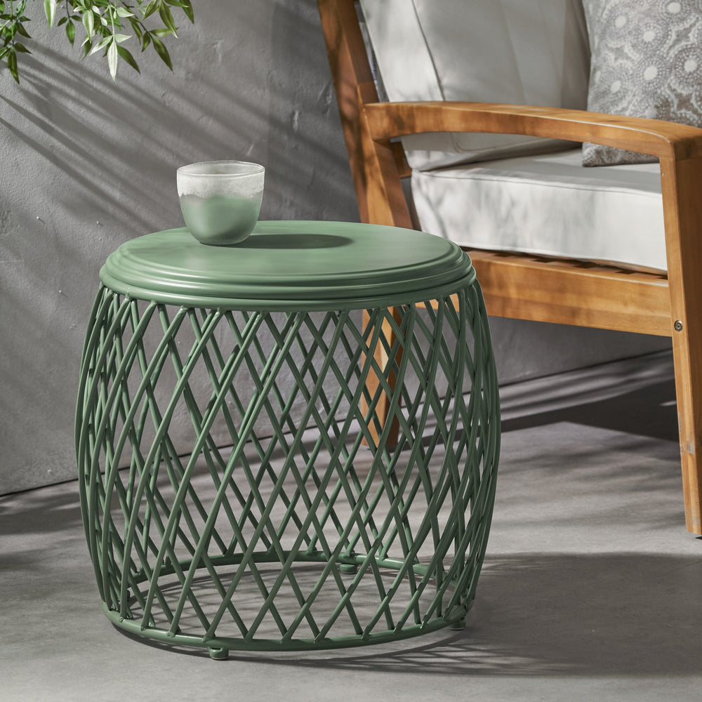 English Elm Alamera Lattice Iron Side Table Powder Coated Matte Finish for Indoor Outdoor Use 60745.00GRN