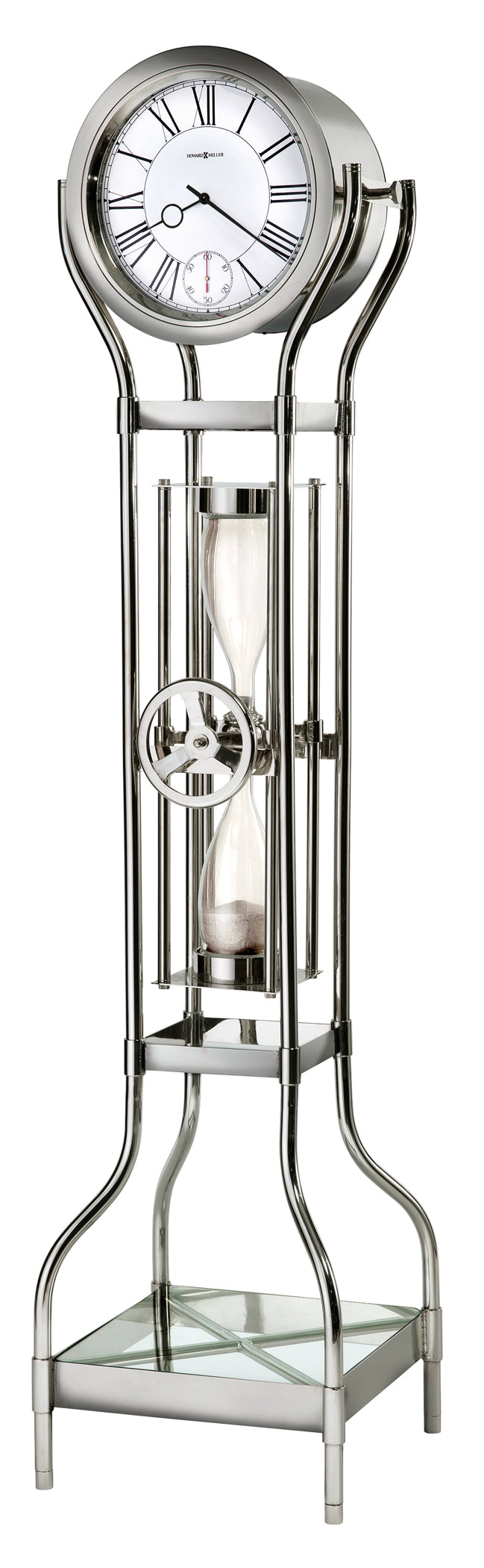 Hekman Furniture 615100 Contemporary Silver Hourglass Floor Clock With Glossy Chrome Finish And Glass Display Shelf  Hourglass Ii Grandfather Clock 615100