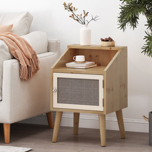 English Elm Christopher Knight Home® - END TABLE Natural & White Engineered Wood with Rattan Accents, Built-In Hutch & Tempered Glass Storage Side Table (24.25"H) 71101.00