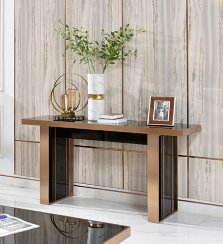 VIG Furniture Cartier Black & Rosegold Console Table With Tempered Glass Top, High-Gloss Lacquer & Pillar Base VGVCK-A002