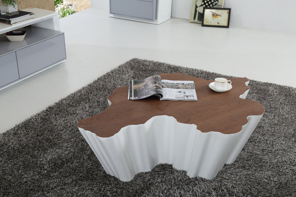 Vig Furniture Modrest Cottonwood Modern Walnut & White Coffee Table With Unique Edges For Trendy Living Spaces Walnut  Vgvcct831