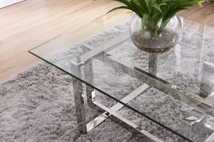 Vig Furniture Modrest Valiant Stylish Glass & Stainless Steel Coffee Table With Unique Overlapping Design 51" W Clear Glass  Vgvcct856