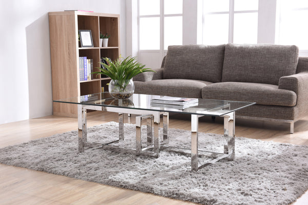 Vig Furniture Modrest Valiant Stylish Glass & Stainless Steel Coffee Table With Unique Overlapping Design 51" W Clear Glass  Vgvcct856