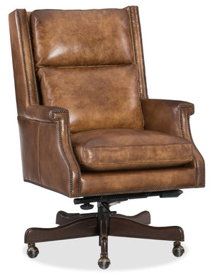 Hooker Furniture Beckett Executive Swivel Tilt Chair In Checkmate Pawn Top-Grain Leather With Natchez Brown Wood Base Medium Brown EC562-083