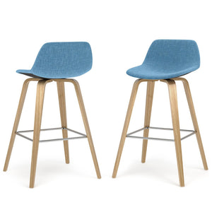 English Elm Randolph Mid-Century Modern Bentwood Counter/Bar Stool Set Of 2 With Upholstered Seats In Blue B136P159453-GIGA