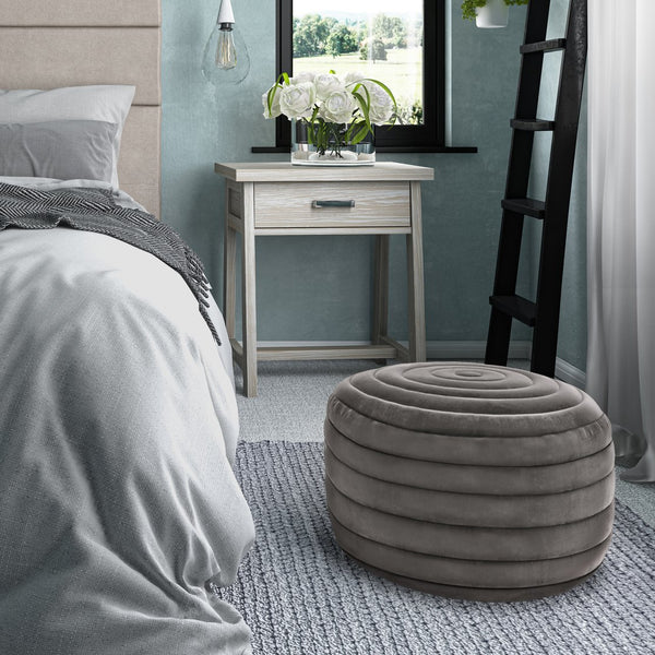 English Elm Vivienne Velvet Round Pouf Ottoman — Turquoise Handcrafted Footstool, Supportive Polystyrene Fill Dark Gray B136P159344