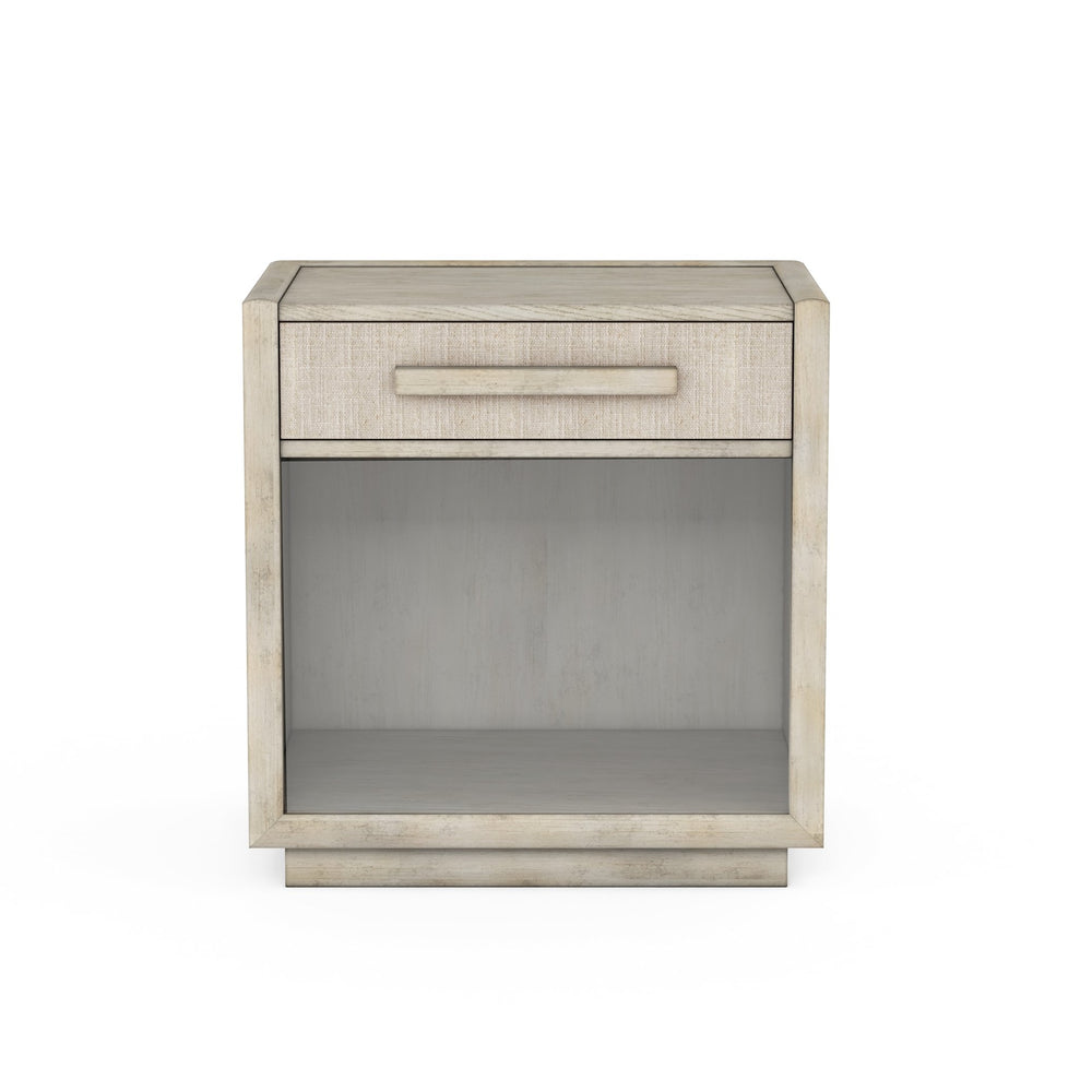 A.R.T. Furniture Cotiere Contemporary Petite Nightstand With Usb Ports, Linen Fabric Drawer & Open Storage Shelf Beige Material, Parawood Solids,Mixed Split Cathedral And Quarter White Oak Veneers,Fabric 299141-2349