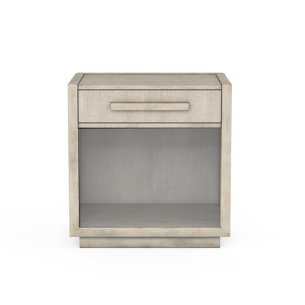 A.R.T. Furniture Cotiere Contemporary Petite Nightstand With Usb Ports, Linen Fabric Drawer & Open Storage Shelf Beige Material, Parawood Solids,Mixed Split Cathedral And Quarter White Oak Veneers,Fabric 299141-2349