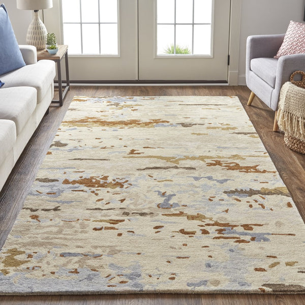 Feizy Rugs Everley Hand-tufted Wool Rug: Vibrant Abstract Design In Rich Hues For A Contemporary Style Home Ivory,Blue,Brown Wool Eve8644fivymltg00