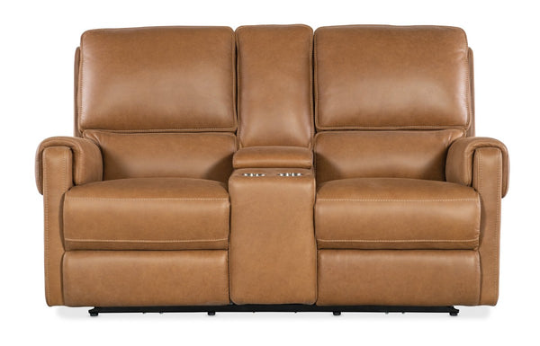 Hooker Furniture Somers Power Reclining Console Loveseat With Zero-Gravity Recline, Usb, Cupholders, Leather_Too Light Brown SS718-PHZC2-080