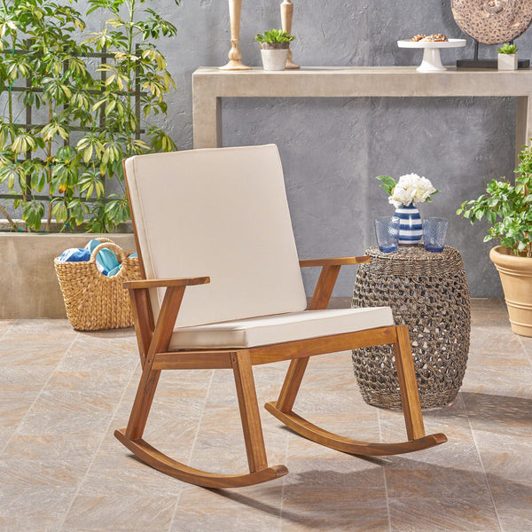 English Elm Champlain Outdoor Acacia Wood Rocking Chair with Cross-back Design and Cushions Cream 62685.00