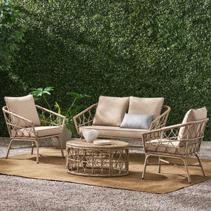 English Elm Christopher Knight Home® - BRUCE Boho 4PC Chat Set - Brown PE Rattan Loveseat, 2 Club Chairs & Coffee Table with Water-Resistant Cushions 70413.00LBRN