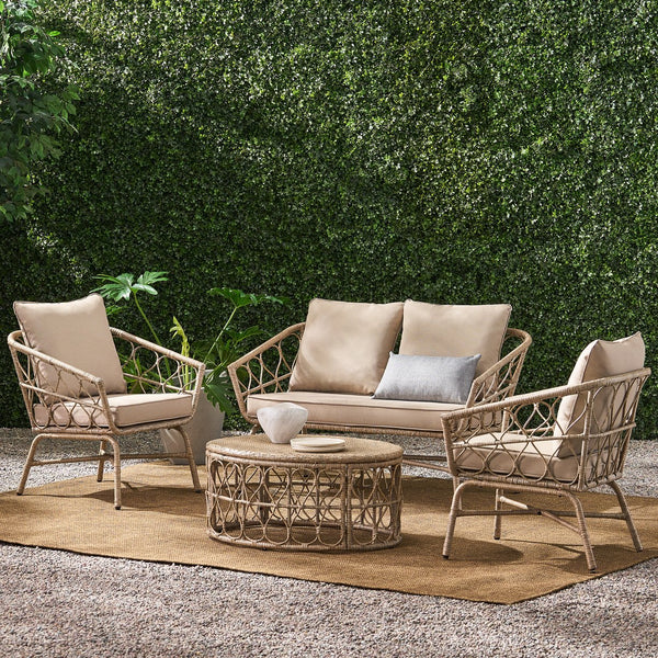 English Elm Christopher Knight Home® - BRUCE Boho 4PC Chat Set - Brown PE Rattan Loveseat, 2 Club Chairs & Coffee Table with Water-Resistant Cushions 70413.00LBRN