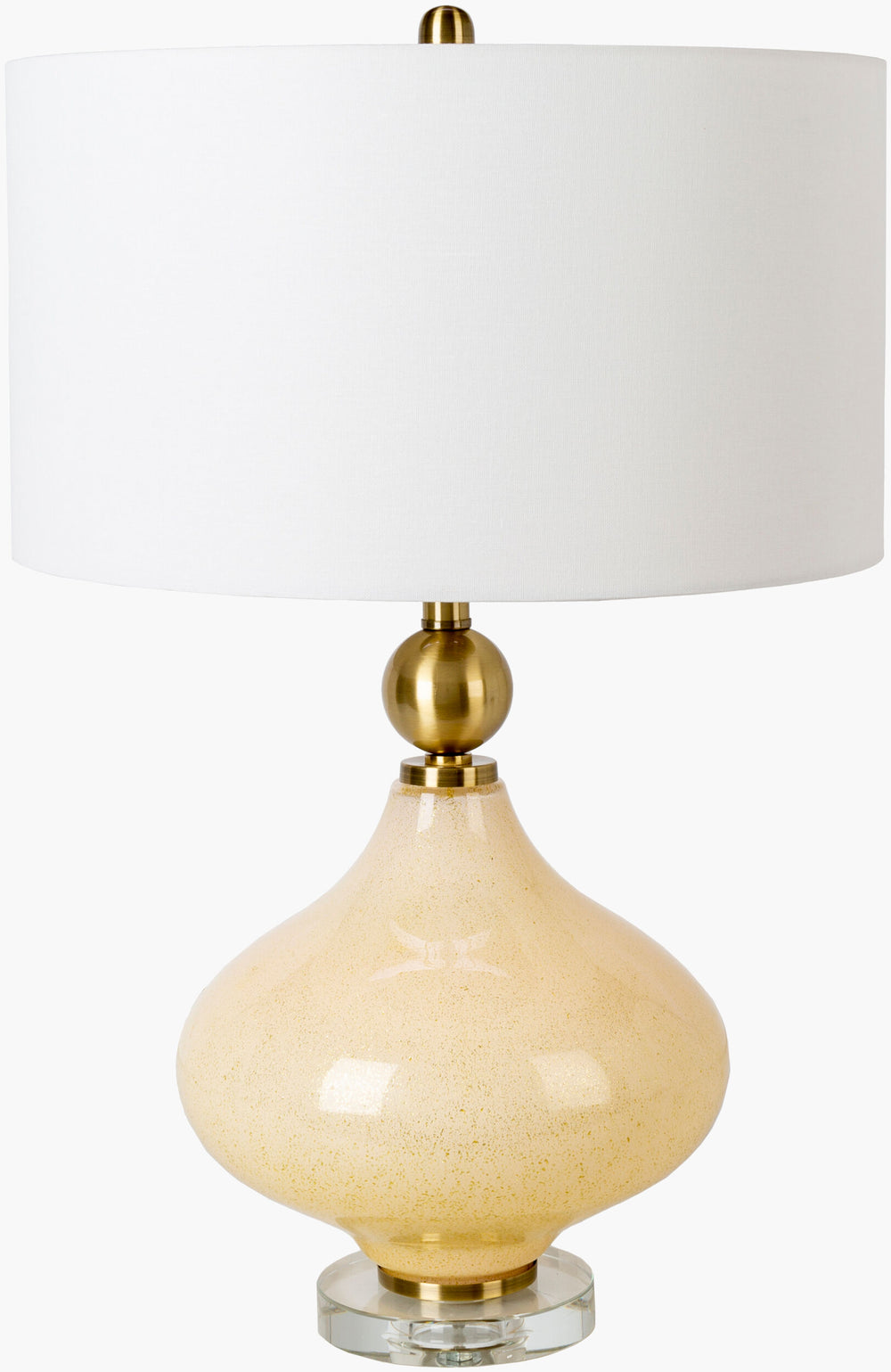 Surya Cleveleys Elegant 27" Glass Accent Table Lamp With Crystal Base & Linen Shade For Stylish Illumination Body, Ivory,Base, Clear,Shade, White,Finial, Metallic ,Brass,Harp, Metallic ,Brass,Cord, Translucent Glass,Crystal,Linen,Iron Cvl-002