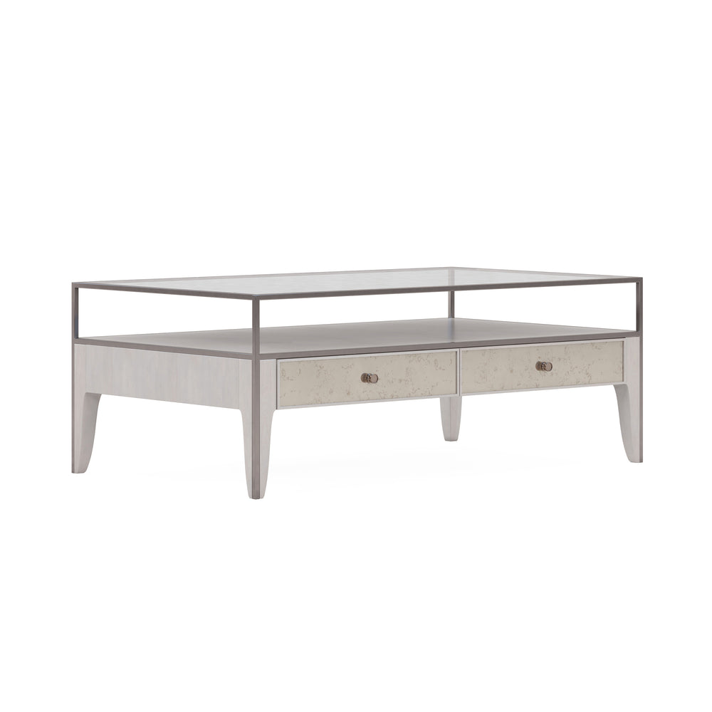 A.R.T. Furniture Mezzanine Cocktail Table In Dove Gray - Stylish Storage With Metal Frame & Antique Mirror Accents Light Gray Parawood And Poplar Solids,Maple Veneer,Mirror,Glass,Steel 325320-2249