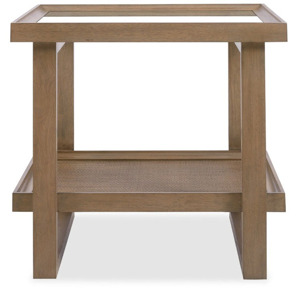 Hooker Furniture Sonnet Square End Table With Tempered Glass Top, Woven Cane Shelf & Light Earthen Oak Finish 6072-80113-85