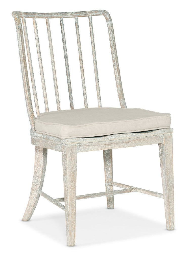 Hooker Furniture Serenity Spindle Side Chair In Surf Whitewashed Oak — Coastal Cottage Dining Chair With Oyster Performance Cushion 6350-75610-80