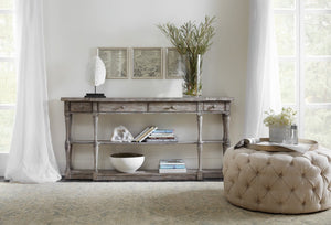 Hooker Furniture Sanctuary Four-Drawer Console Table — Slim 12" Depth, Light Gray Aged Finish, Pecky Pecan Veneers 5620-85001-LTGY