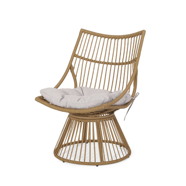 English Elm Christopher Knight Home® - ELAINE Wicker High-Back Chair Light Brown — Boho PE Rattan Papasan with Iron Frame, Weather-Resistant Cushion 71842.00LBGE