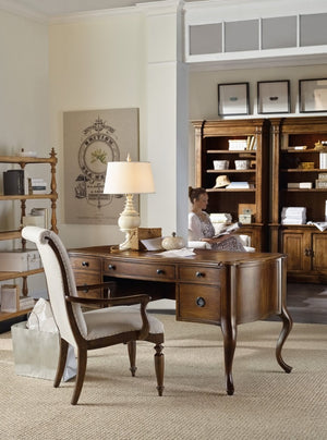 Hooker Furniture Archivist Pecky Pecan Writing Desk With Bonded Leather Top, Hidden Storage, Cable Management Elegance 5447-10458