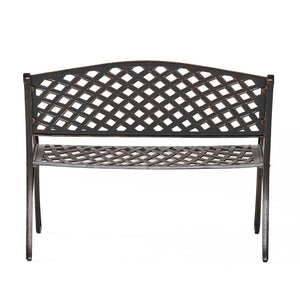 English Elm Spencer Cast Aluminum Outdoor Bench Antique Copper Finish Scrolled Arms Garden Patio 50327.00LVS