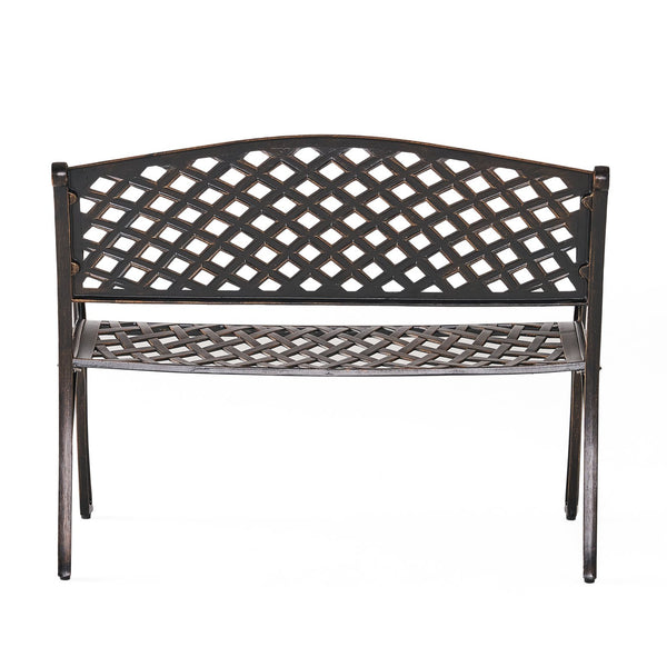 English Elm Spencer Cast Aluminum Outdoor Bench Antique Copper Finish Scrolled Arms Garden Patio 50327.00LVS