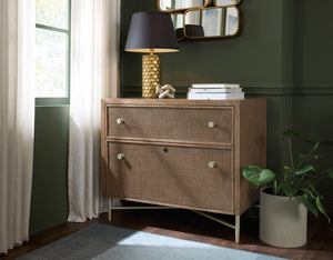 Hooker Furniture Sonnet Light Earthen Oak Lateral File With Woven Cane Fronts, Satin Champagne Knobs, Locking Drawer — Transitional Office Storage (38"W X 31"H) 6072-10466-85