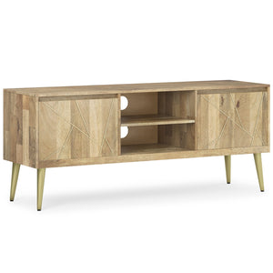 English Elm Jager Mango Wood TV Media Stand 60" Natural with Geometric Brass Inlay, Soft-Close Cabinets & Mid-Century Flair B136P158754