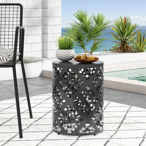 English Elm Outdoor Iron Accent Table Laser Cut Floral Cylinder Design for Patio or Balcony Black 73605.00BLK