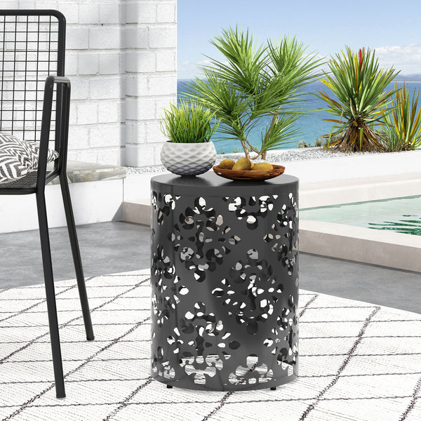 English Elm Outdoor Iron Accent Table Laser Cut Floral Cylinder Design for Patio or Balcony Black 73605.00BLK