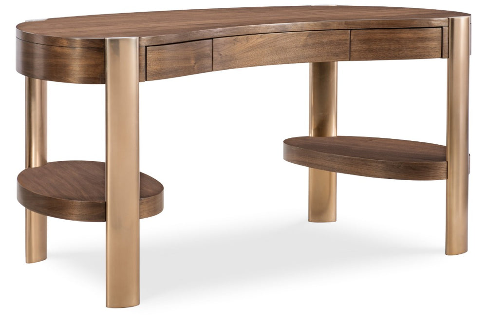 Hooker Furniture Eleana Sculptural Writing Desk In Light Caramel Walnut With Sunlit Bronze Legs And Custom Storage Options 7252-10458-85