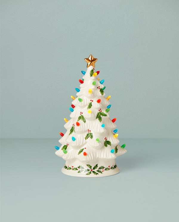 Lenox Treasured Traditions Holiday Red Bulbs Light-Up Tree Figurine Ivory, IVORY OTHER 893624