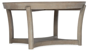 Hooker Furniture Affinity Round Cocktail Table — Wire-Brushed Greige Quartered Oak, Tray-Inset Top, Sculptural Angular Base 6050-80111-GRY