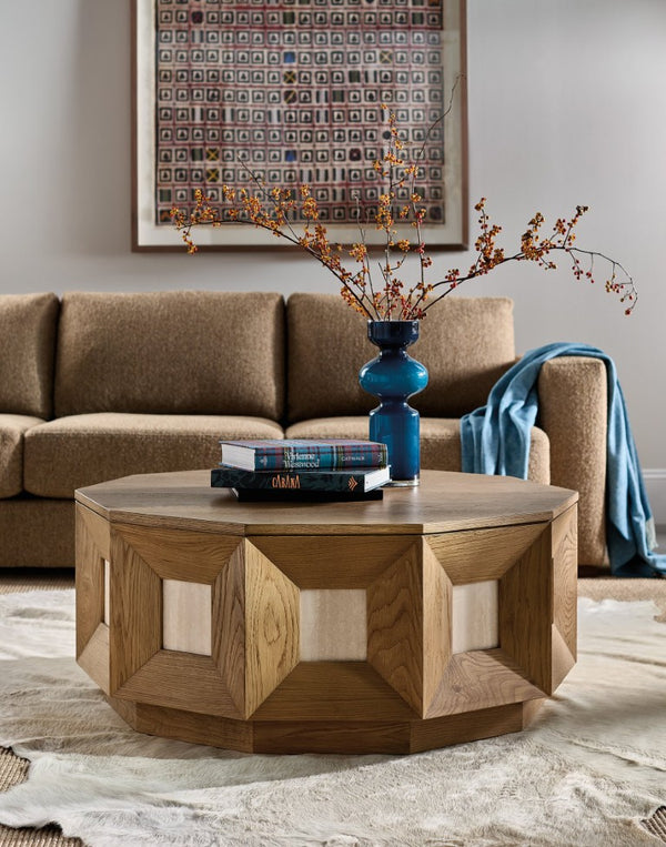 Hooker Furniture Commerce Decagon Cocktail Table With Marble Insets, Oak Finish & Plinth Base For Modern Luxe Rooms 7228-80237-80