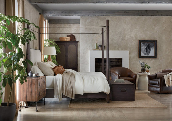 Hooker Furniture Big Sky Cal King Poster Bed With Charred Timber Finish, Linen-Upholstered Headboard & Bronze Canopy Beige 6700-90660-98