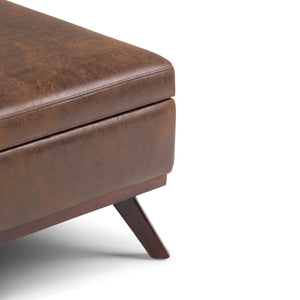 English Elm Owen Square Storage Ottoman Coffee Table - Distressed Chestnut Faux Leather, Mid-Century Style B136P159173-GIGA