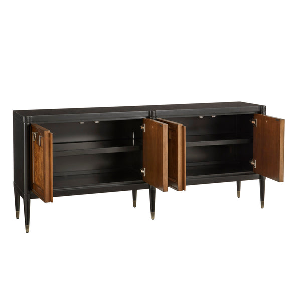 Pulaski Furniture 4-door Mid-century Modern Console With Elegant Mapa Burl Doors, Versatile Storage & Stylish Design Black Mapa Burl P301794-pulaski