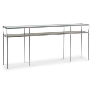Bernhardt Bernhardt Cornelia Console Table — 72"W Tempered Glass Top, Brushed Stainless Frame, Nebbia Wood Shelf 331910