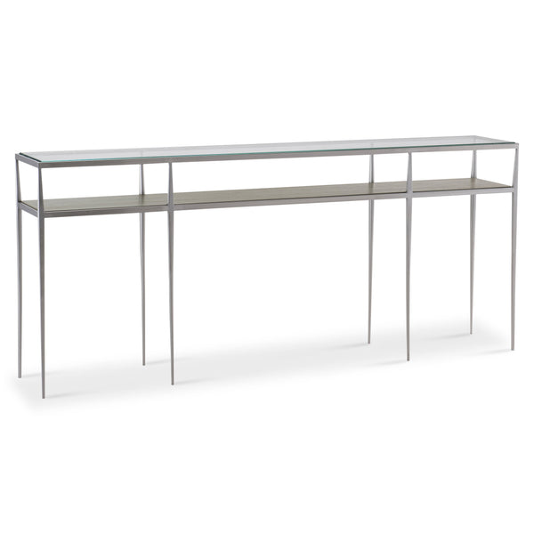 Bernhardt Bernhardt Cornelia Console Table — 72"W Tempered Glass Top, Brushed Stainless Frame, Nebbia Wood Shelf 331910