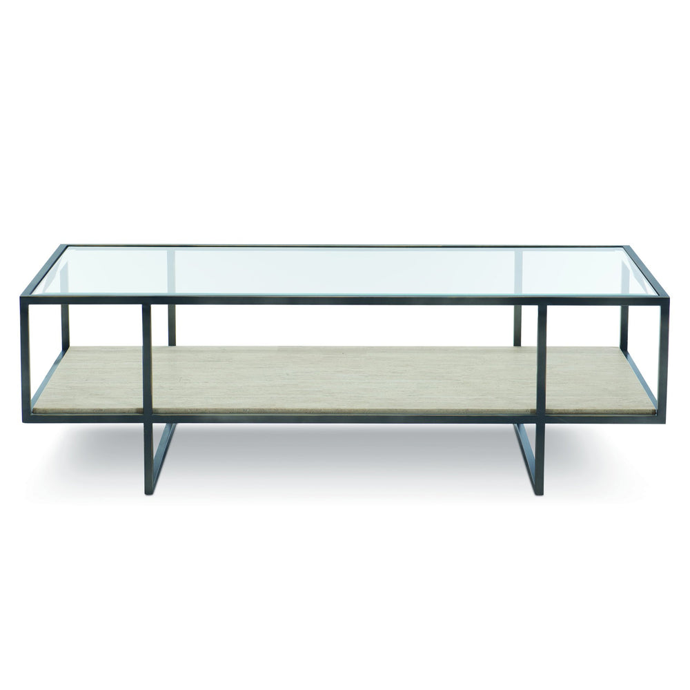 Bernhardt Bernhardt Harlow Metal Rectangular Cocktail Table — 54"W Tempered Glass Top, Travertine Shelf, Oil-Rubbed Bronze Finish 514021